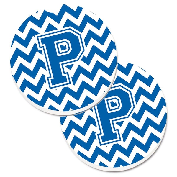 Carolines Treasures Letter P Chevron Blue and White Set of 2 Cup Holder Car Coaster CJ1056-PCARC - main